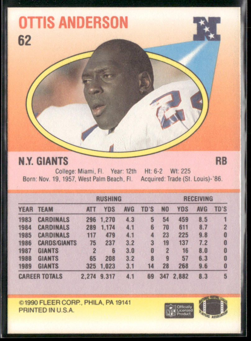 Ottis Anderson 1990 Fleer #62 New York Giants