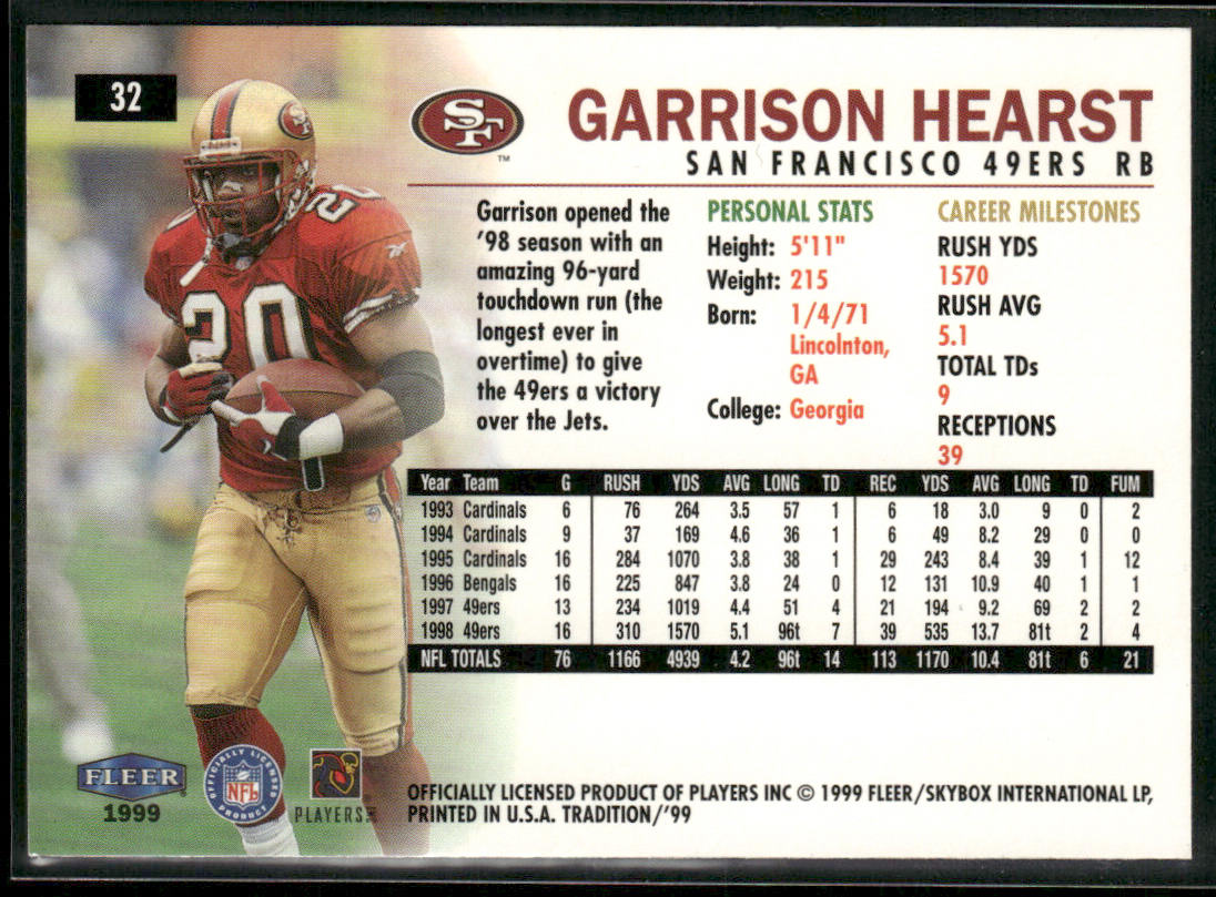 Garrison Hearst 1999 Fleer Tradition #32 San Francisco 49ers