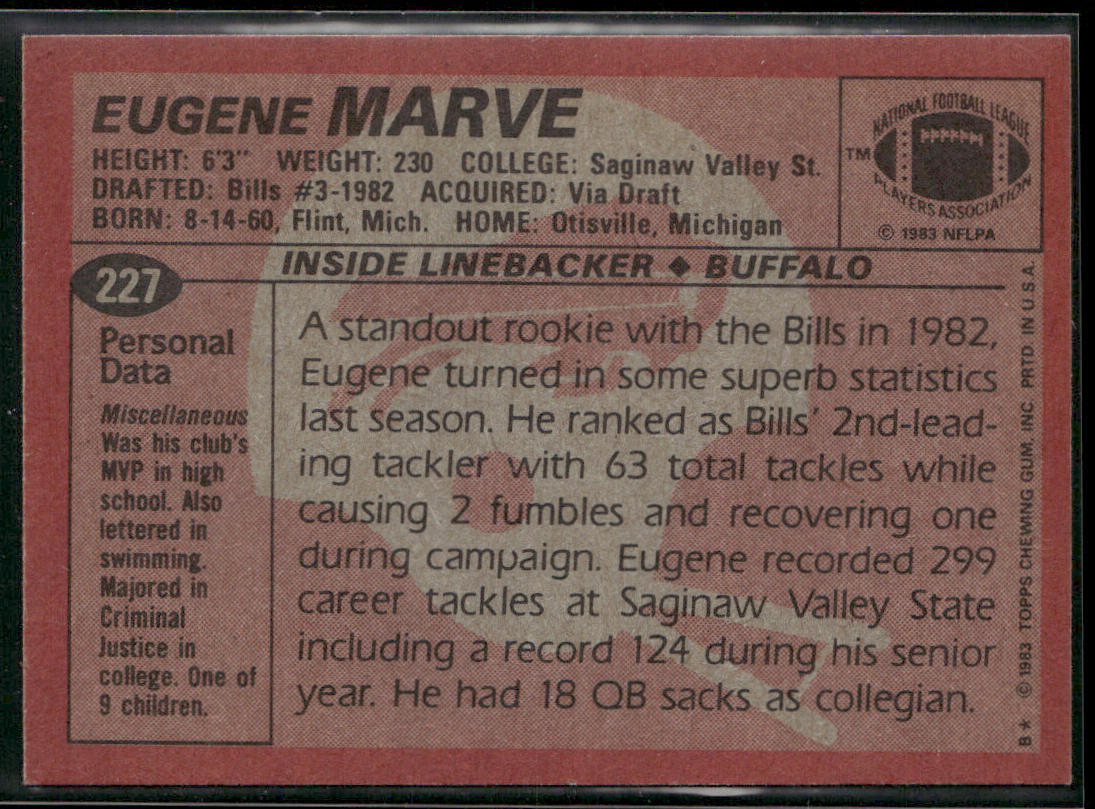 Eugene Marve 1983 Topps #227 RC Buffalo Bills