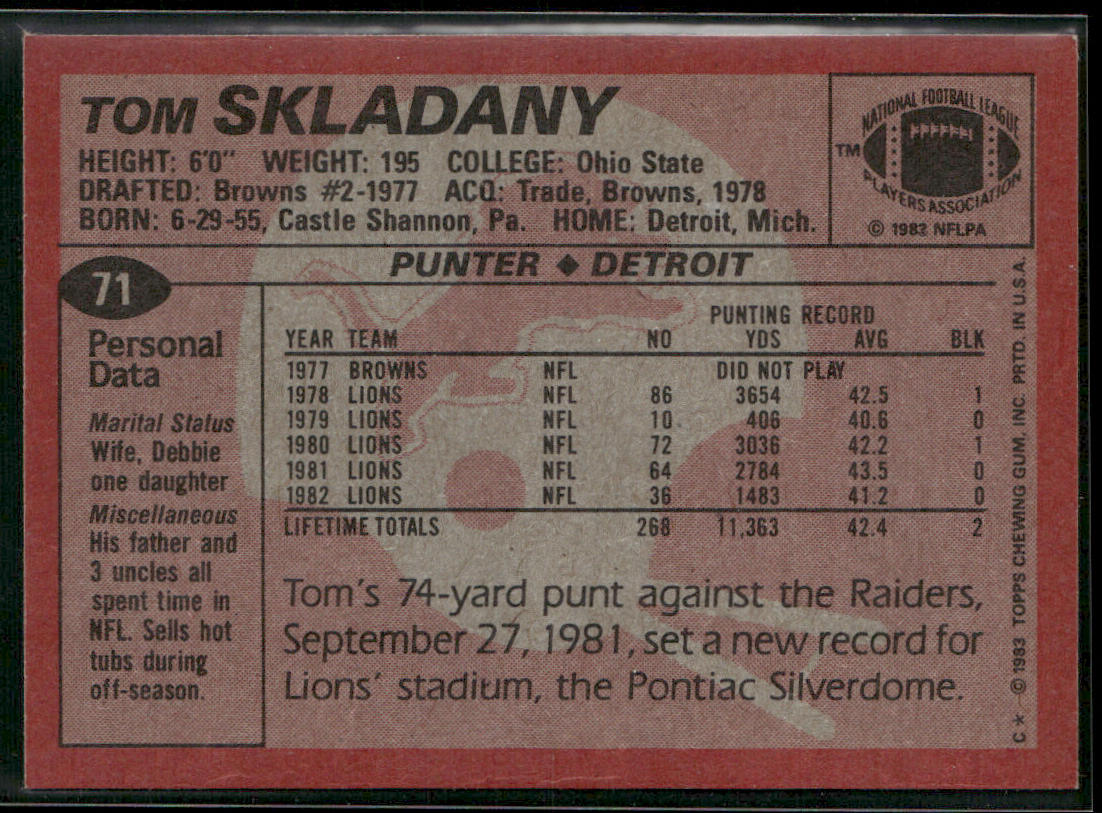 Tom Skladany 1983 Topps #71 Detroit Lions