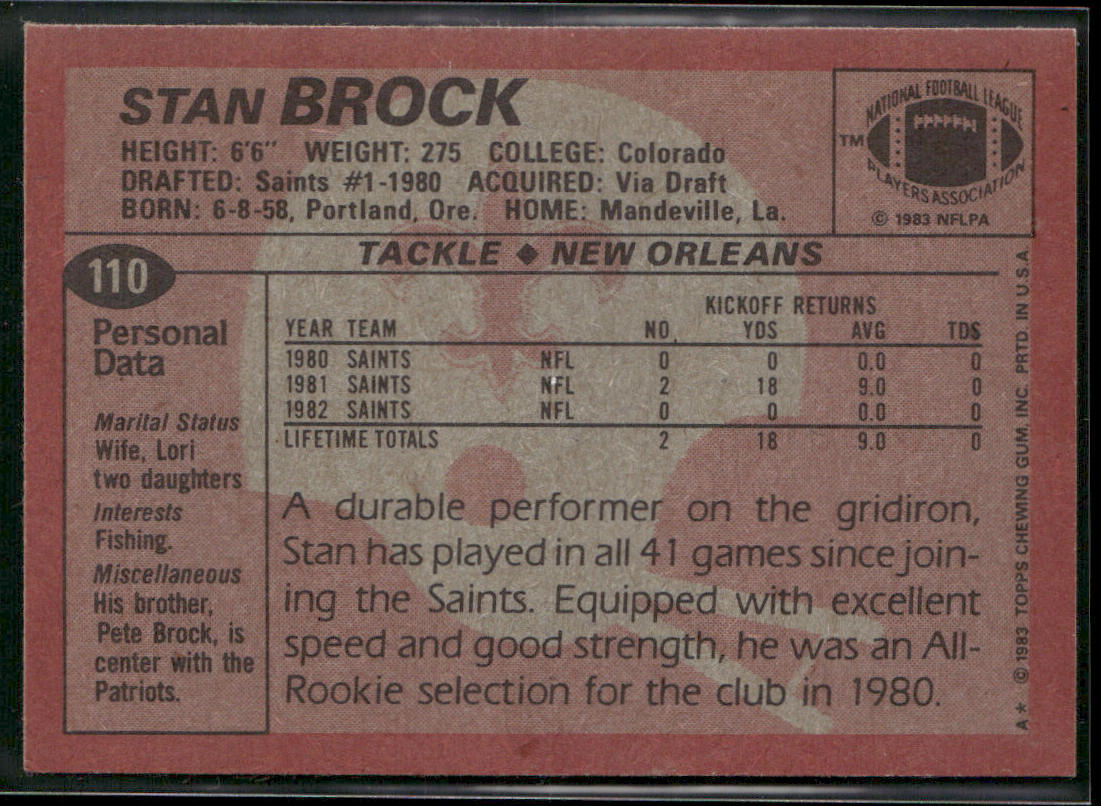 Stan Brock 1983 Topps #110 RC New Orleans Saints