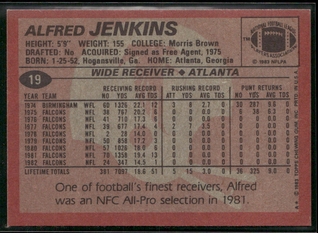 Alfred Jenkins 1983 Topps #19 Atlanta Falcons