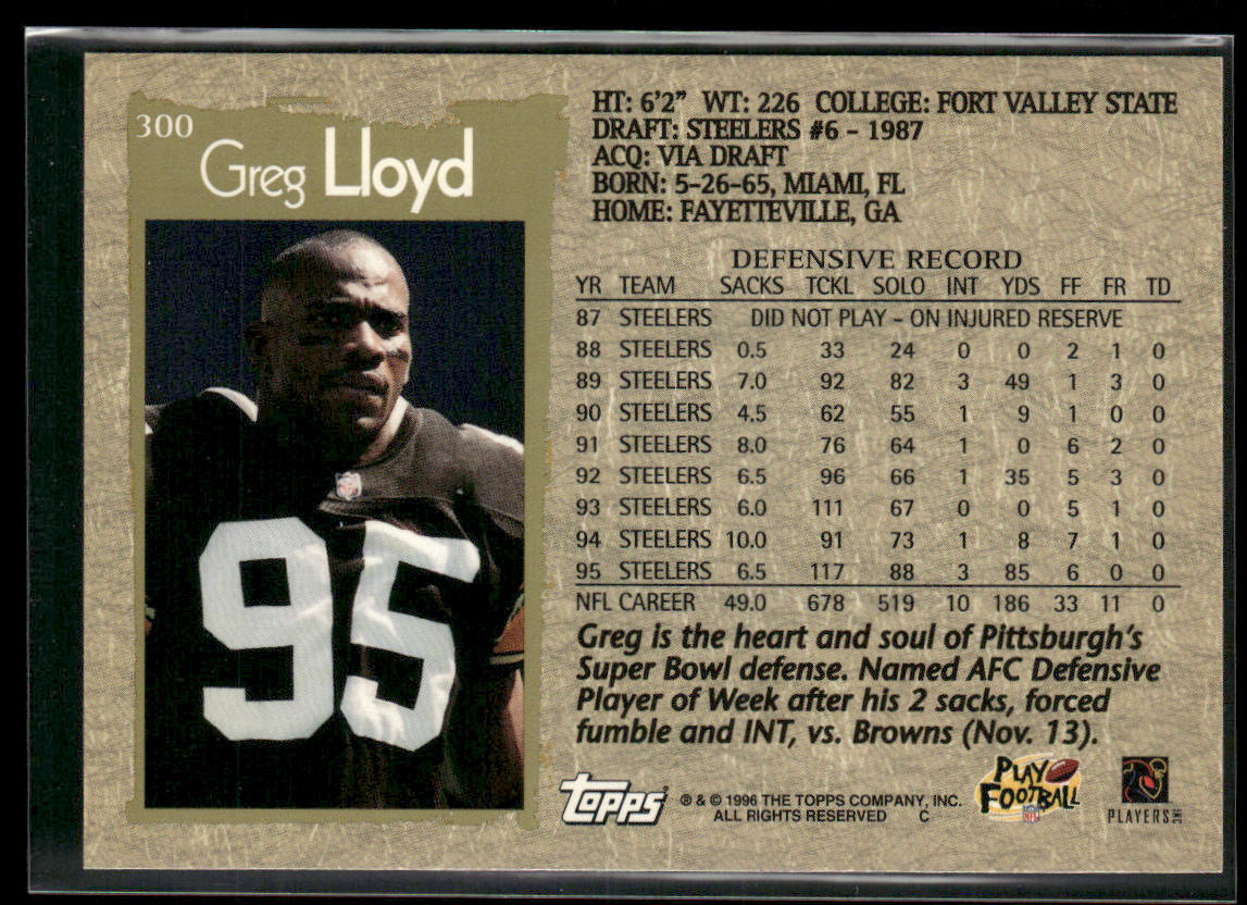 Greg Lloyd 1996 Topps #300 Pittsburgh Steelers
