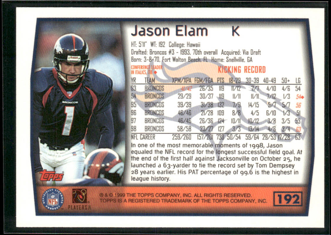 Jason Elam 1999 Topps #192 Denver Broncos