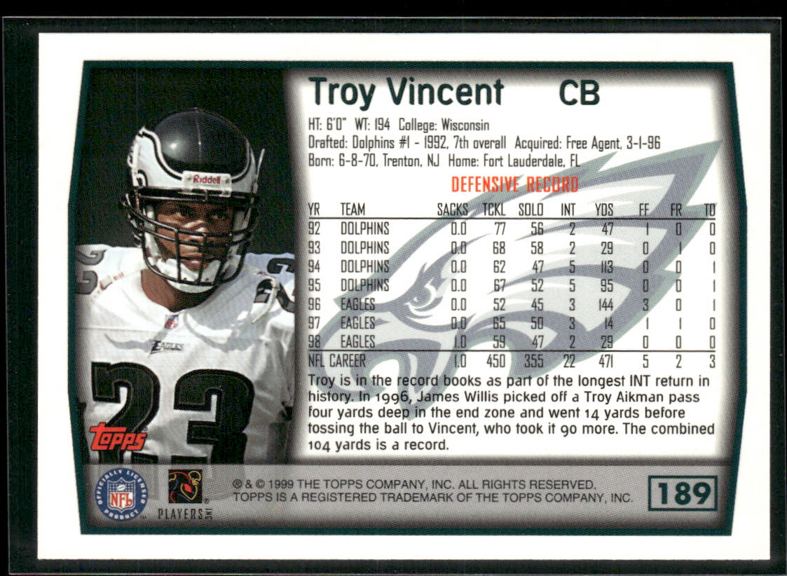 Troy Vincent 1999 Topps #189 Philadelphia Eagles