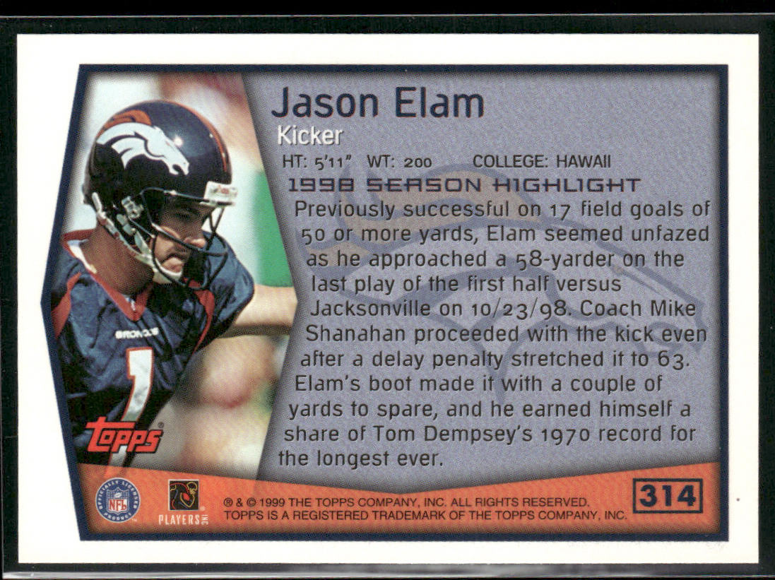 Jason Elam 1999 Topps #314 Denver Broncos