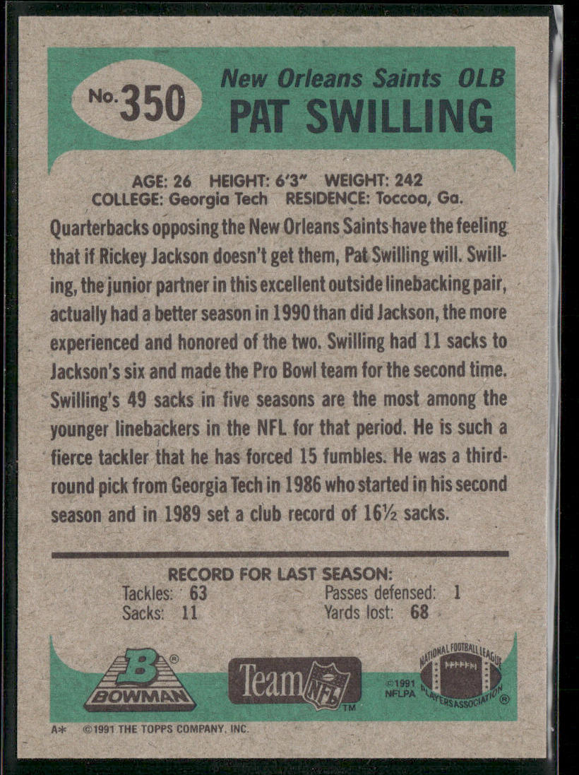 Pat Swilling 1991 Bowman #350 New Orleans Saints