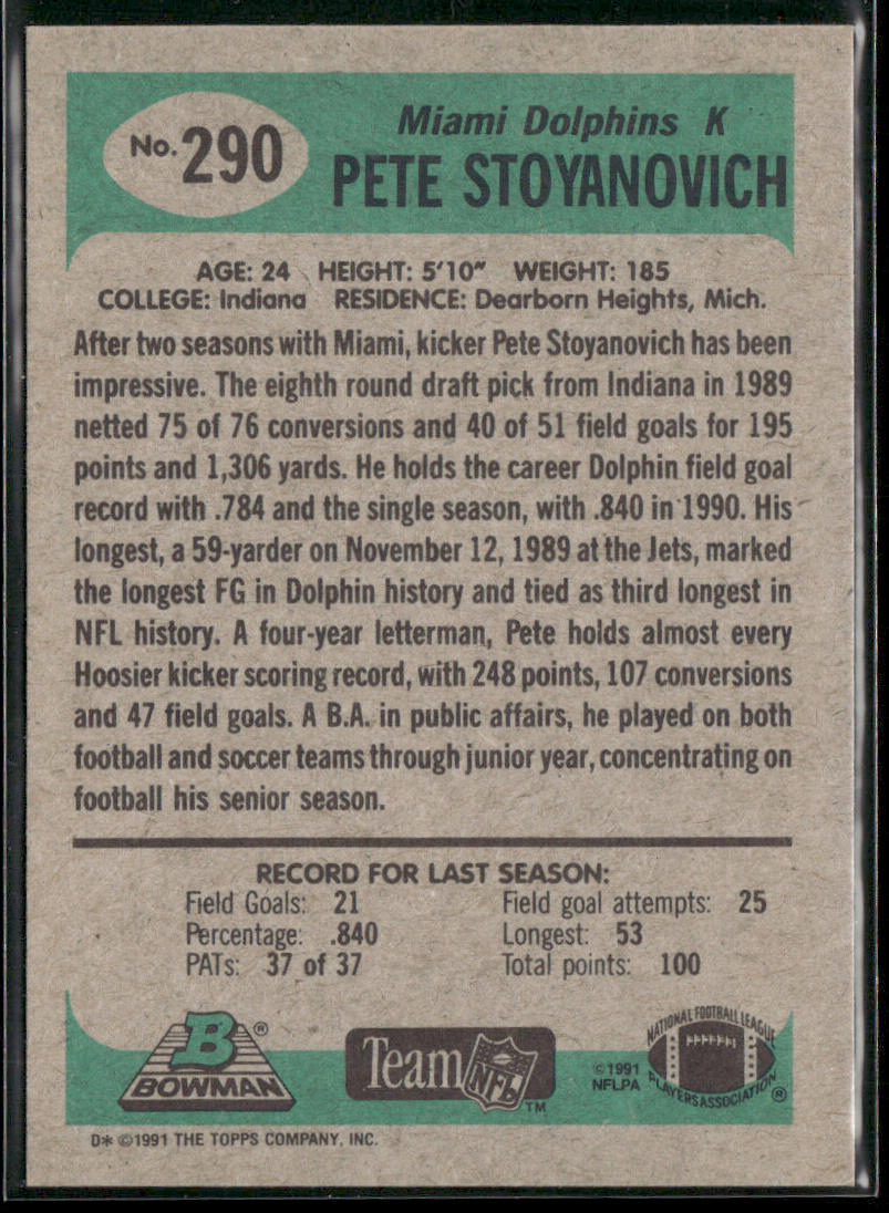Pete Stoyanovich 1991 Bowman #290 Miami Dolphins