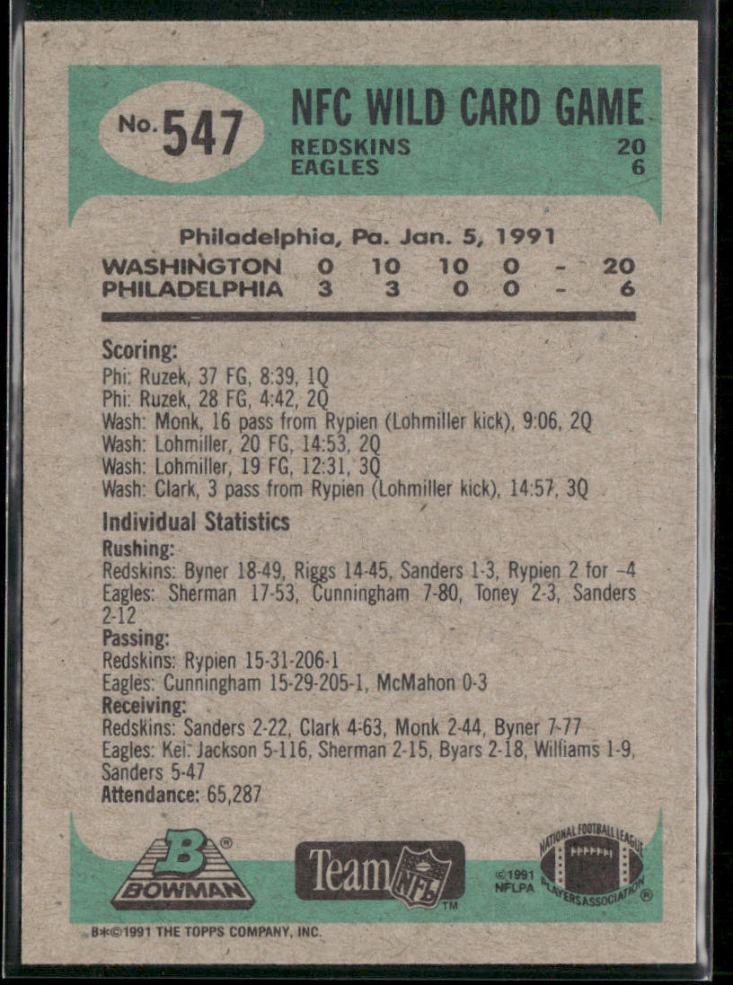 Road to Super Bowl XXV: Redskins vs. Eagles 1991 Bowman #547b