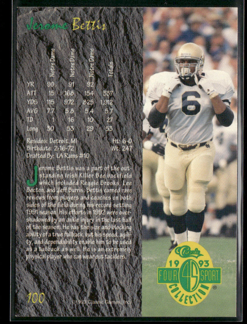 Jerome Bettis 1993 Classic Four Sport #100 Notre Dame Fighting Irish
