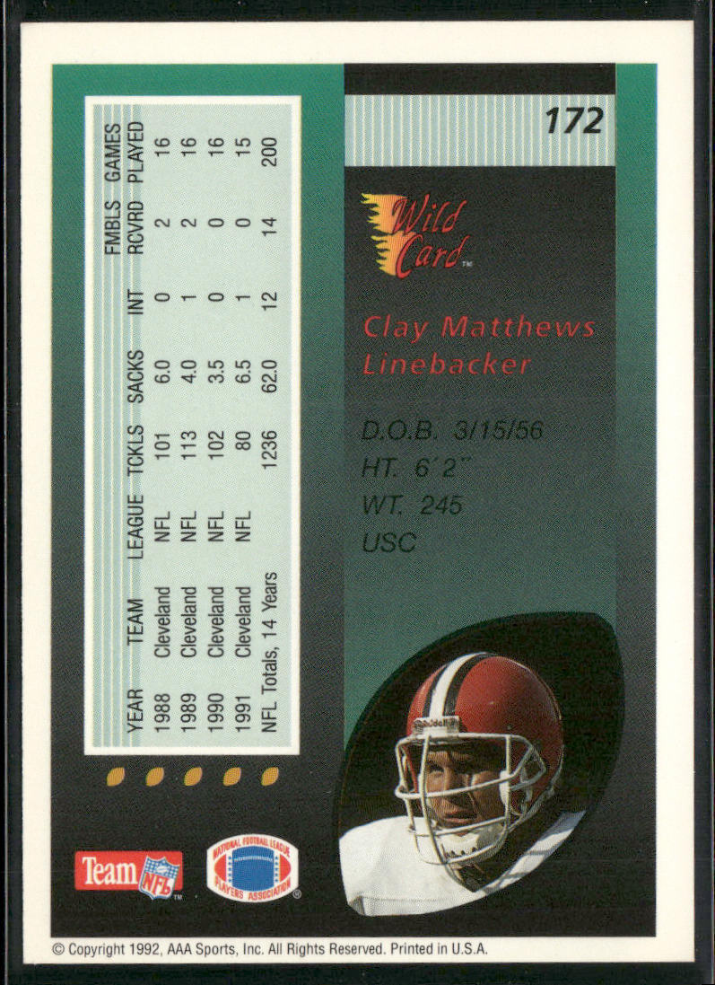 Clay Matthews 1992 Wild Card #172 Cleveland Browns