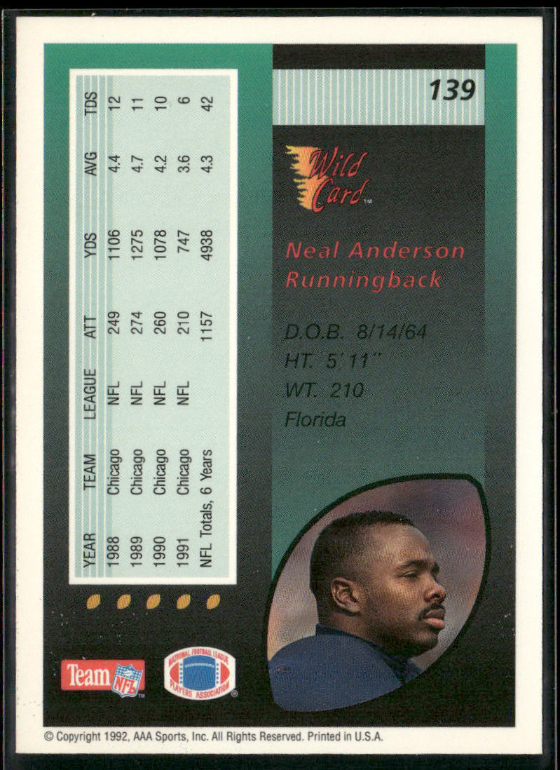 Neal Anderson 1992 Wild Card #139 Chicago Bears
