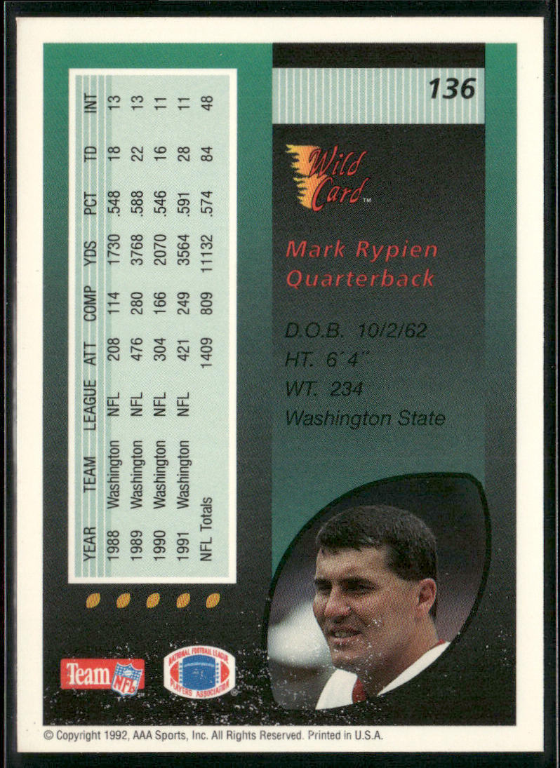 Mark Rypien 1992 Wild Card #136 Washington Redskins