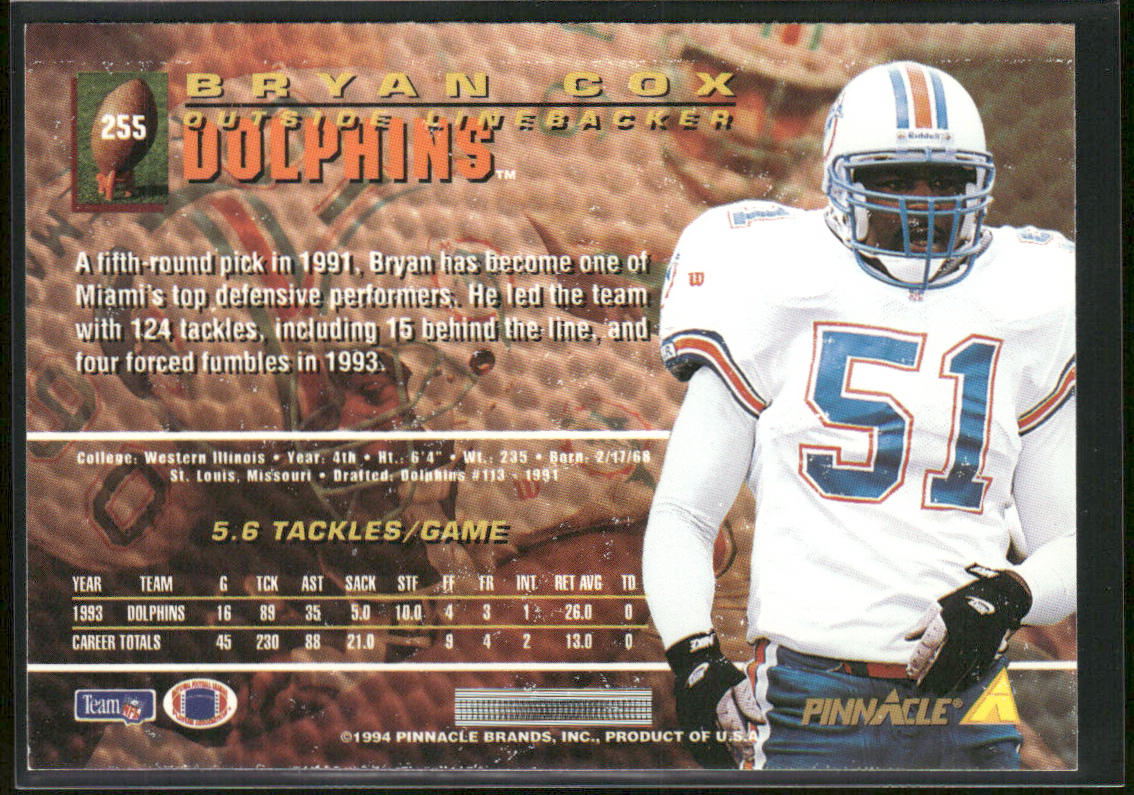 Bryan Cox 1994 Pinnacle #255 Miami Dolphins