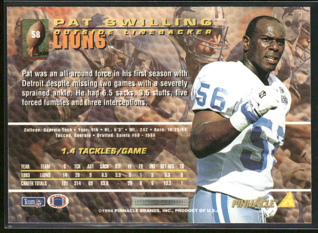 Pat Swilling 1994 Pinnacle #58 Detroit Lions