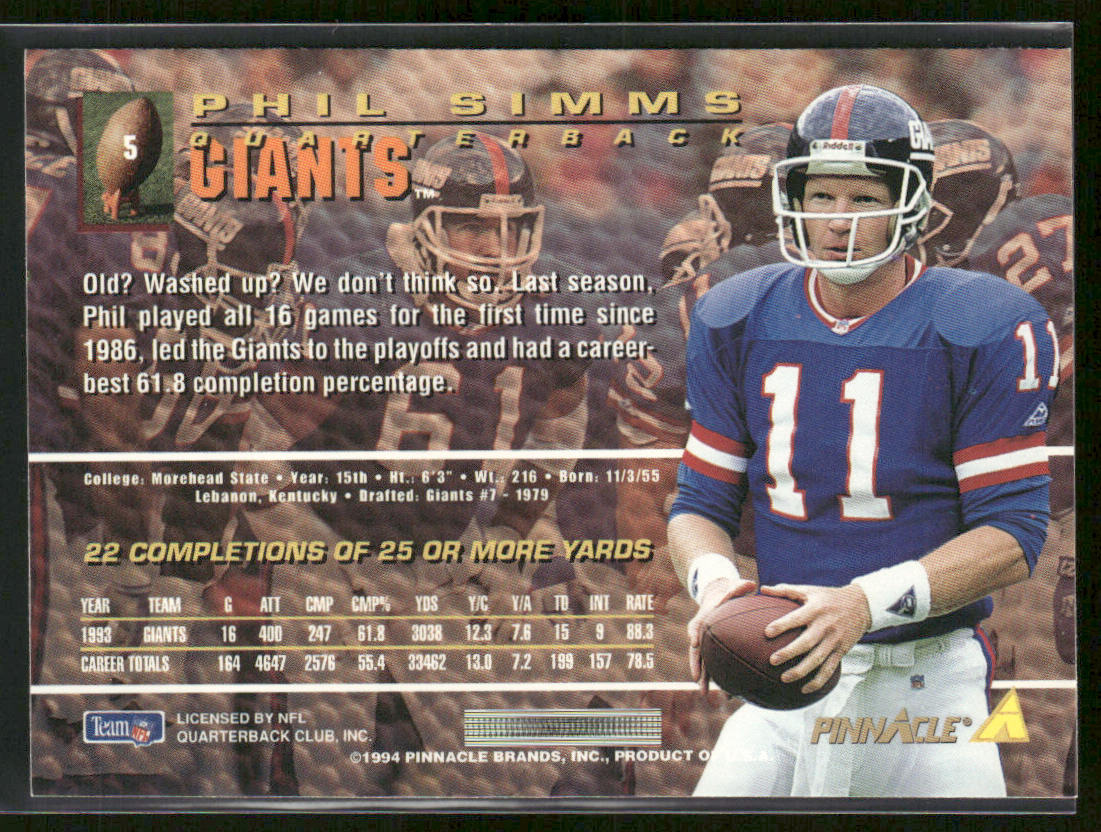 Phil Simms 1994 Pinnacle #5 New York Giants