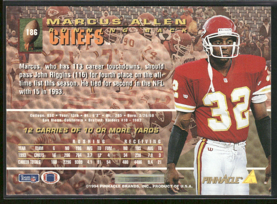 Marcus Allen 1994 Pinnacle #186 Kansas City Chiefs