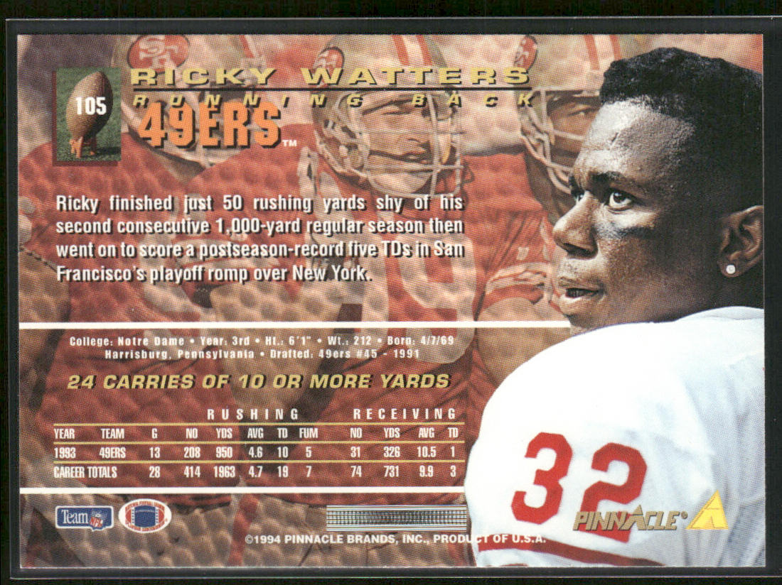 Ricky Watters 1994 Pinnacle #105 San Francisco 49ers