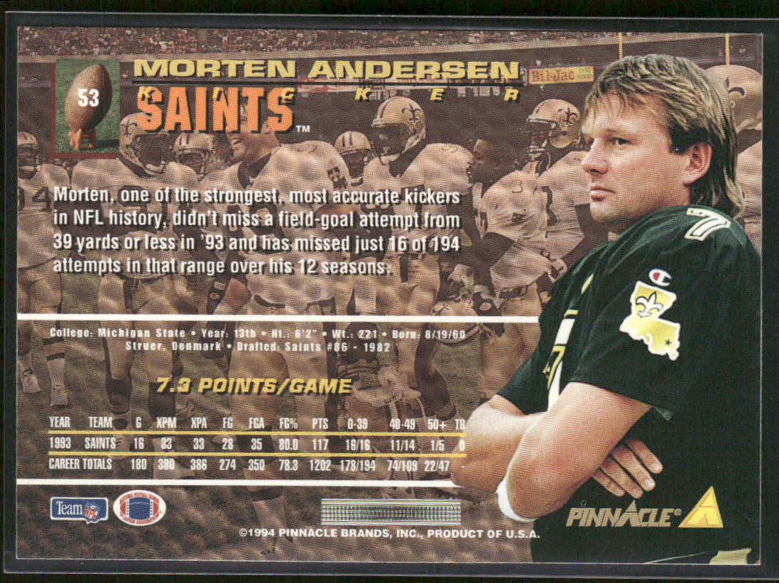 Morten Andersen 1994 Pinnacle #53 New Orleans Saints