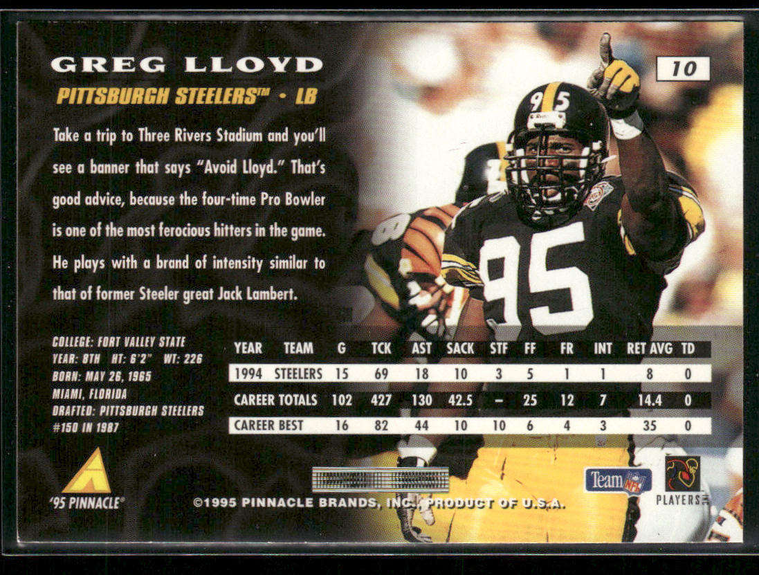 Greg Lloyd 1995 Pinnacle #10 Pittsburgh Steelers