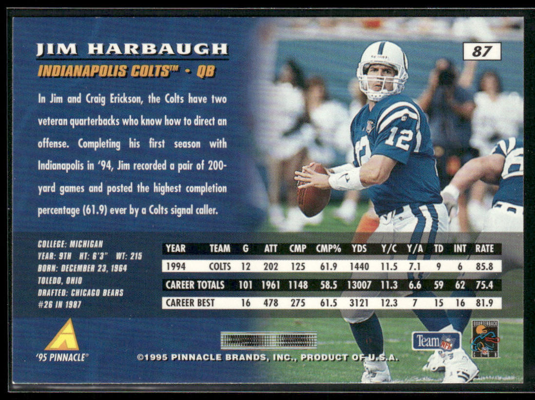 Jim Harbaugh 1995 Pinnacle #87 Indianapolis Colts