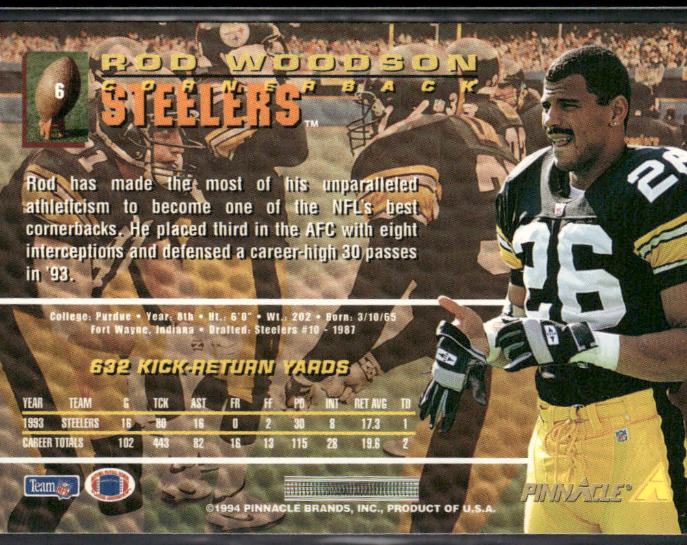 Rod Woodson 1994 Pinnacle #6 Pittsburgh Steelers