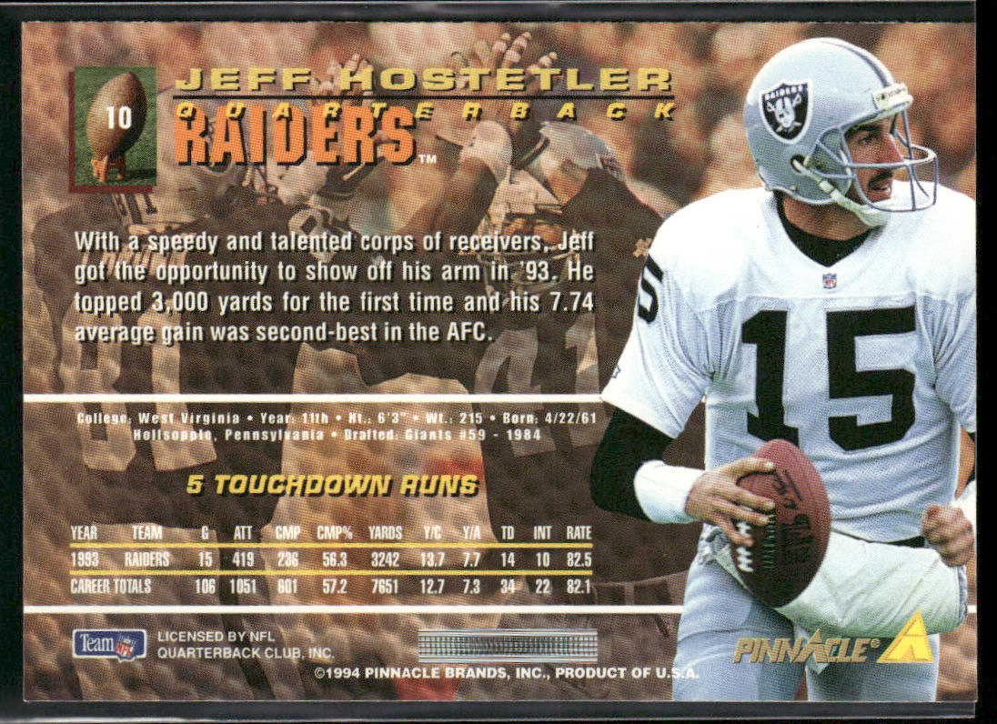 Jeff Hostetler 1994 Pinnacle #10 Los Angeles Raiders