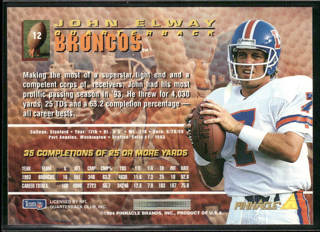 John Elway 1994 Pinnacle #12 Denver Broncos