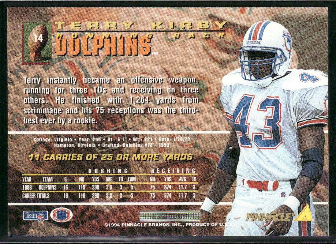 Terry Kirby 1994 Pinnacle #14 Miami Dolphins