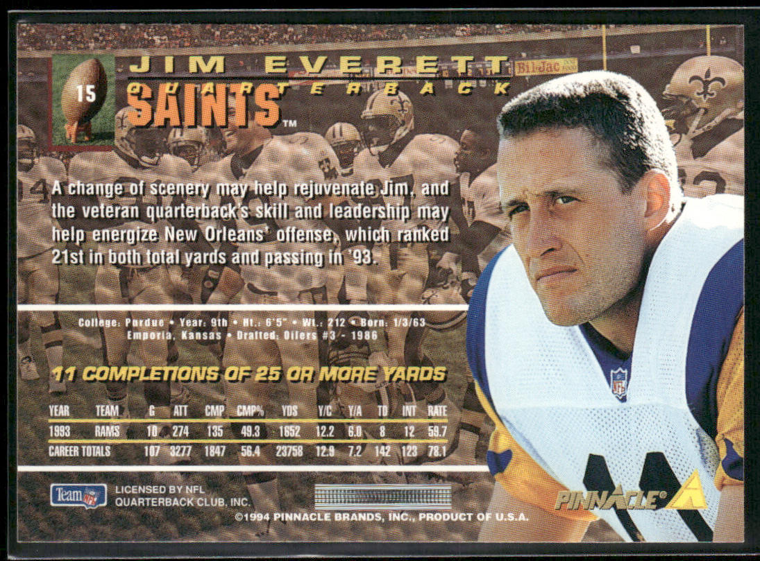 Jim Everett 1994 Pinnacle #15 New Orleans Saints