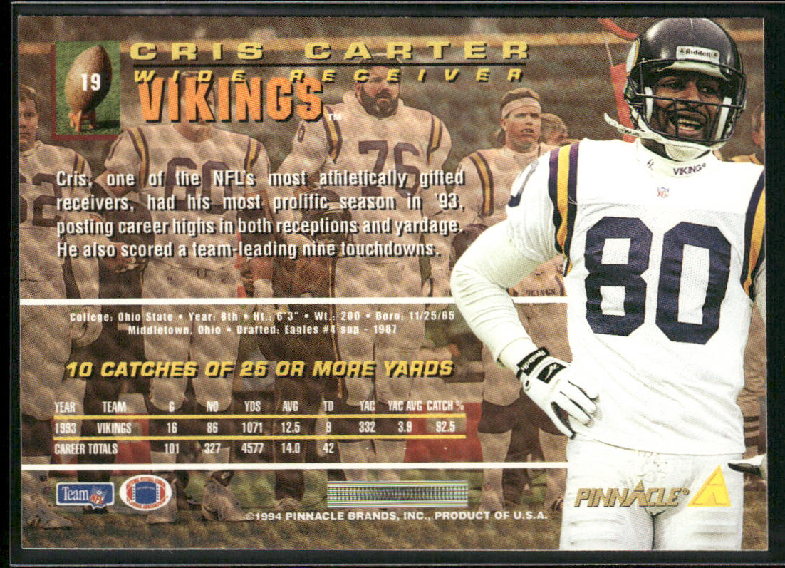 Cris Carter 1994 Pinnacle #19 Minnesota Vikings