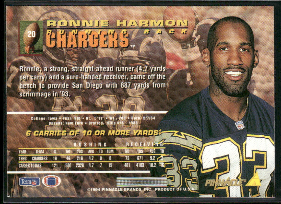Ronnie Harmon 1994 Pinnacle #20 San Diego Chargers