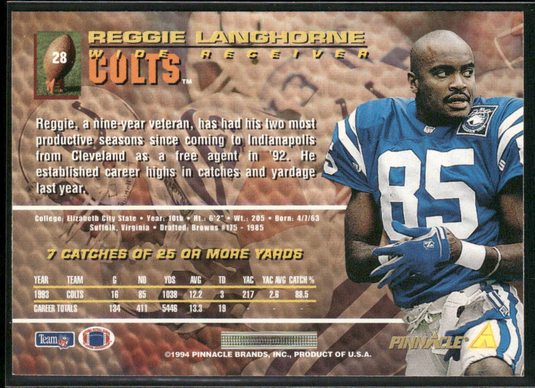 Reggie Langhorne 1994 Pinnacle #28 Indianapolis Colts