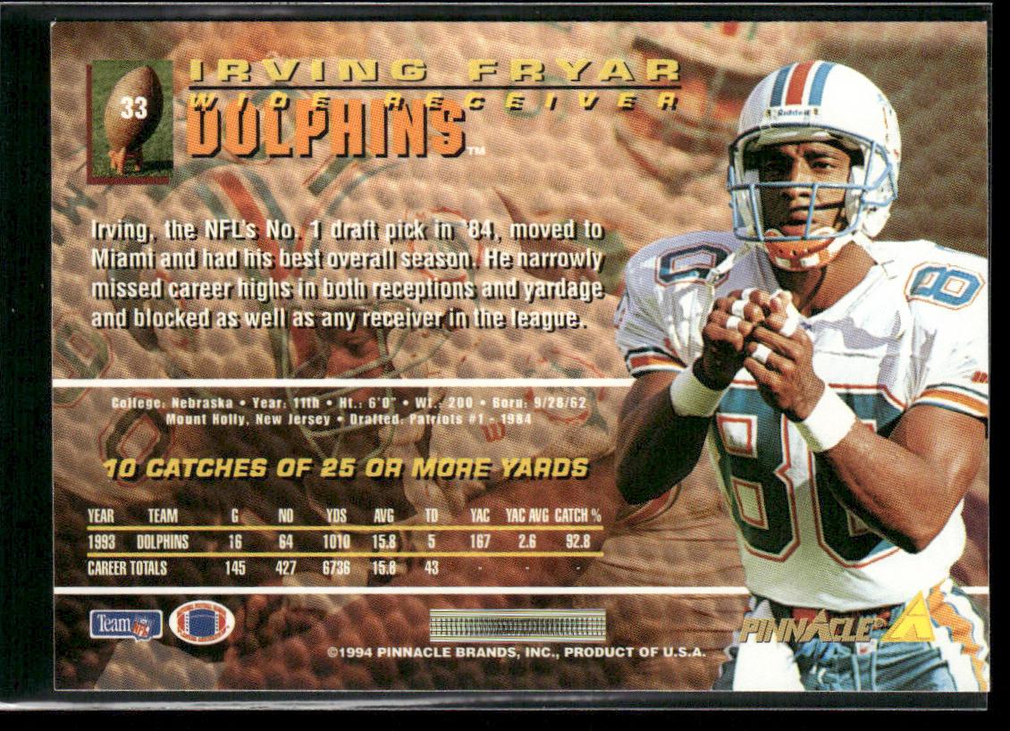 Irving Fryar 1994 Pinnacle #33 Miami Dolphins