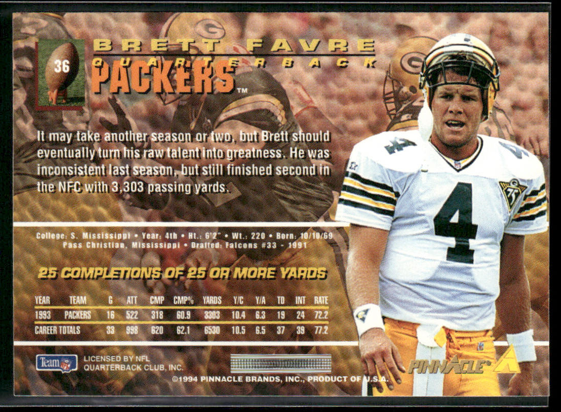 Brett Favre 1994 Pinnacle #36 Green Bay Packers
