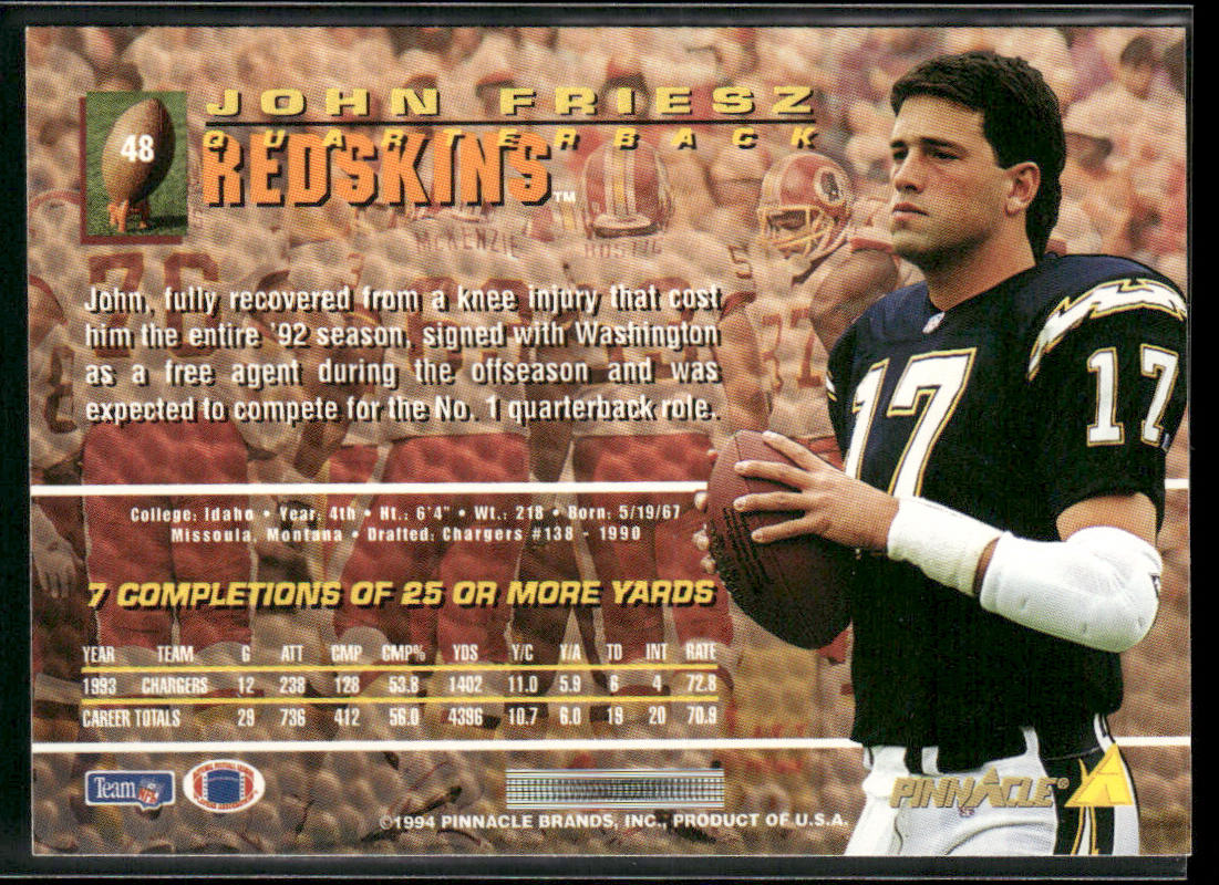 John Friesz 1994 Pinnacle #48 Washington Redskins