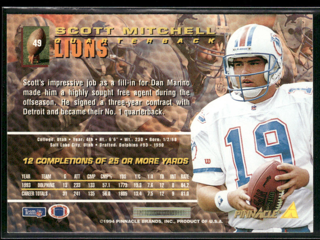 Scott Mitchell 1994 Pinnacle #49 Detroit Lions