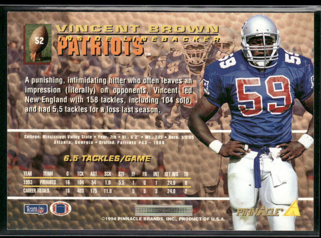 Vincent Brown 1994 Pinnacle #52 New England Patriots