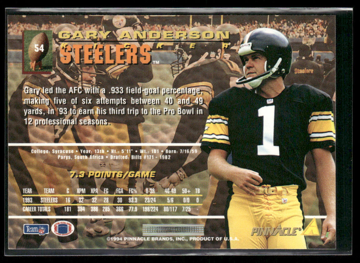 Gary Anderson 1994 Pinnacle #54 Pittsburgh Steelers