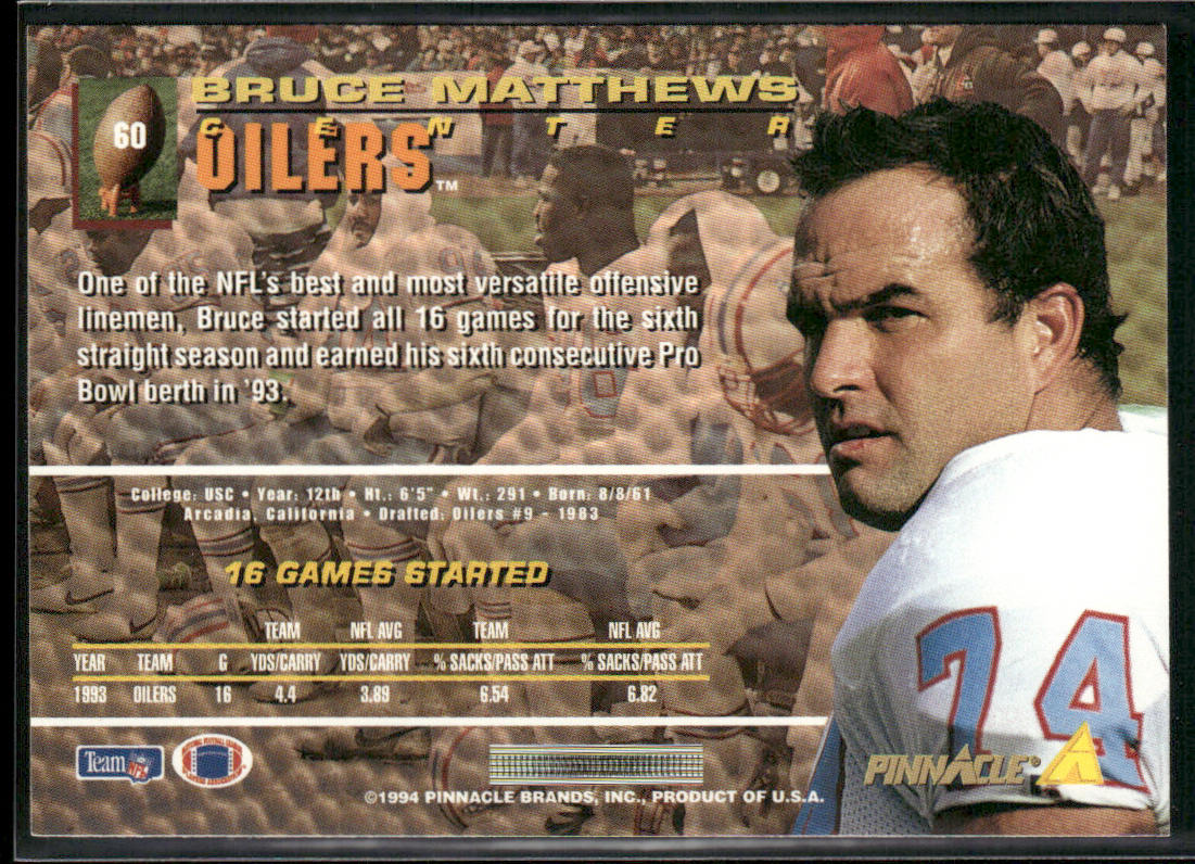 Bruce Matthews 1994 Pinnacle #60 Houston Oilers