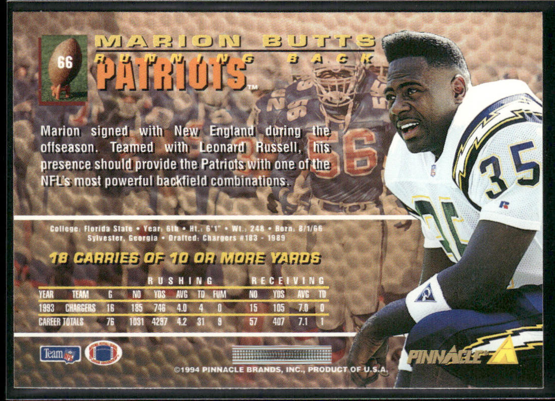 Marion Butts 1994 Pinnacle #66 New England Patriots