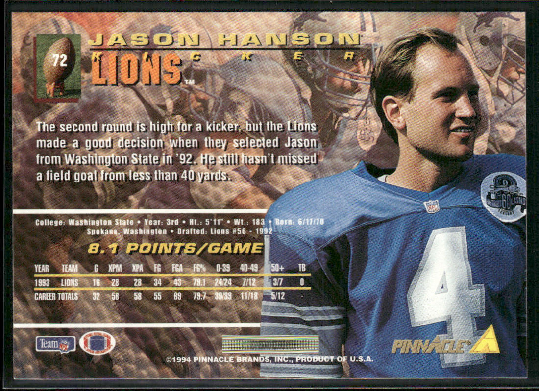 Jason Hanson 1994 Pinnacle #72 Detroit Lions