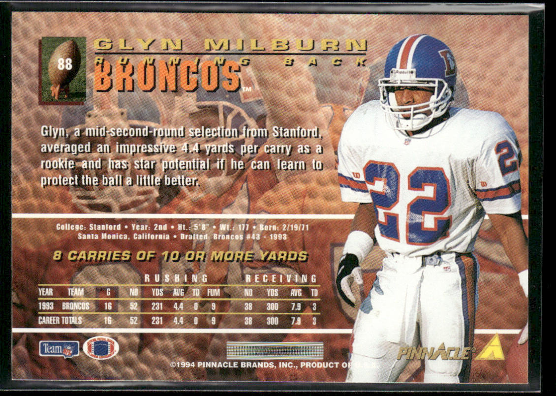 Glyn Milburn 1994 Pinnacle #88 Denver Broncos