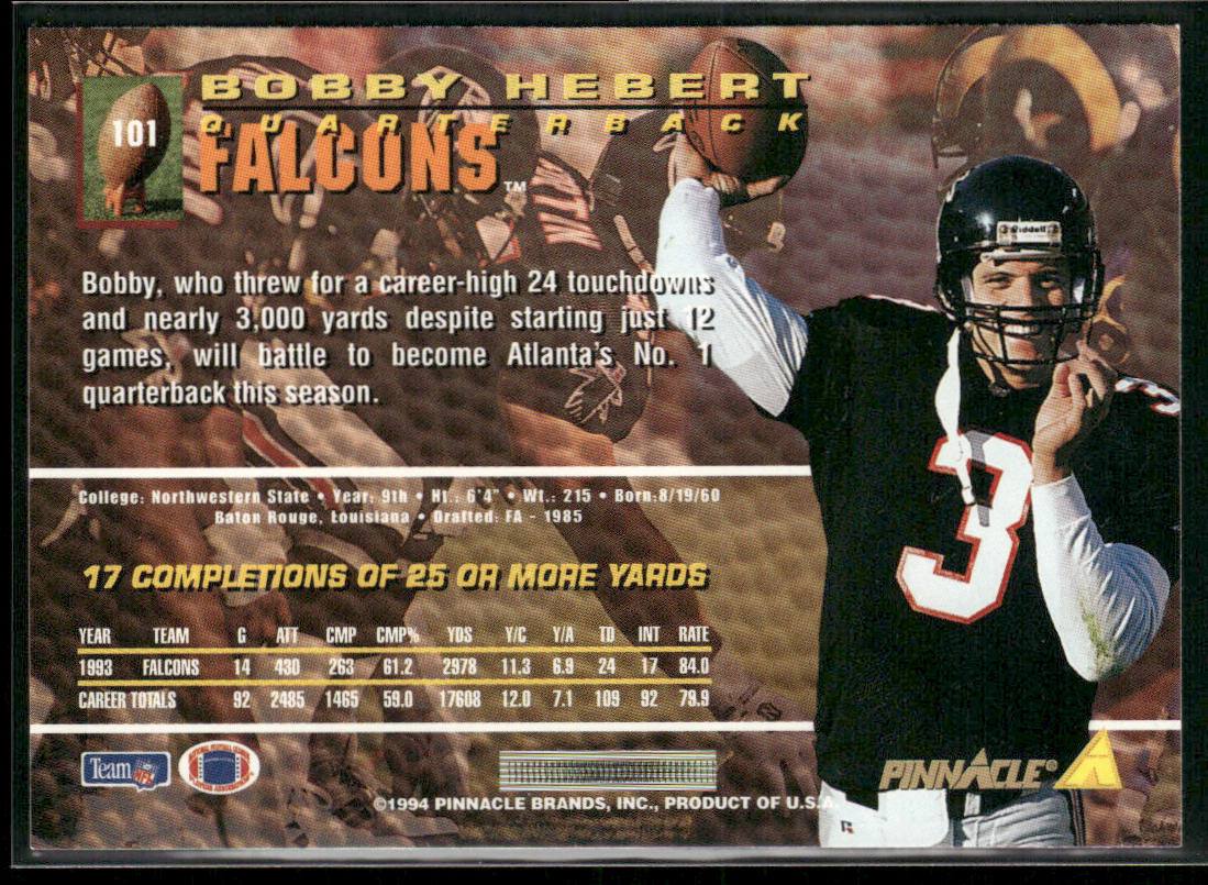 Bobby Hebert 1994 Pinnacle #101 Atlanta Falcons