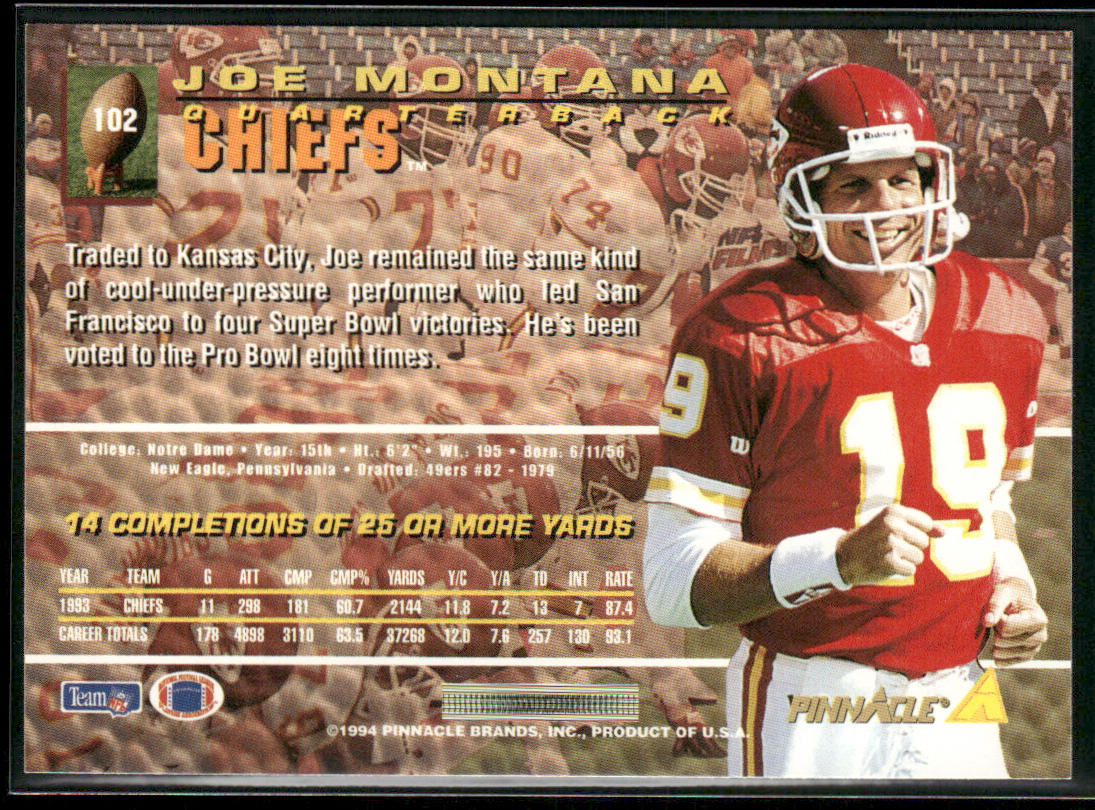 Joe Montana 1994 Pinnacle #102 Kansas City Chiefs