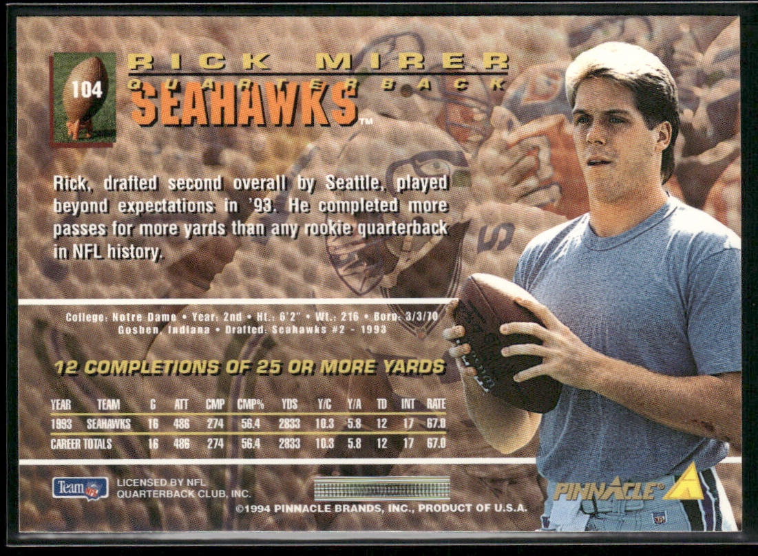 Rick Mirer 1994 Pinnacle #104 Seattle Seahawks