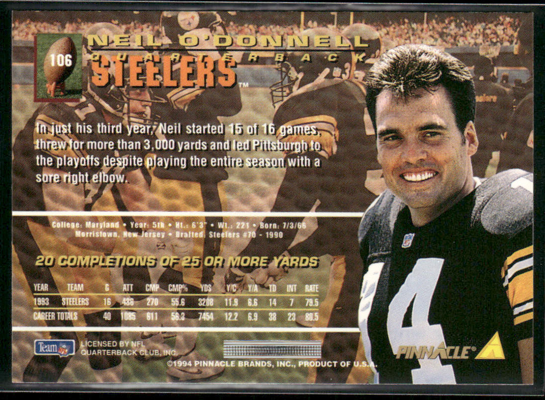Neil O'Donnell 1994 Pinnacle #106 Pittsburgh Steelers