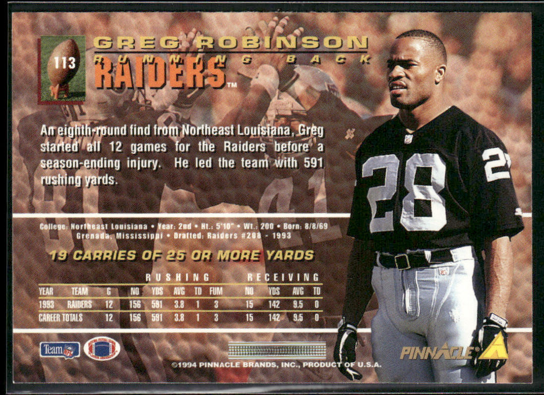 Greg Robinson 1994 Pinnacle #113 Los Angeles Raiders