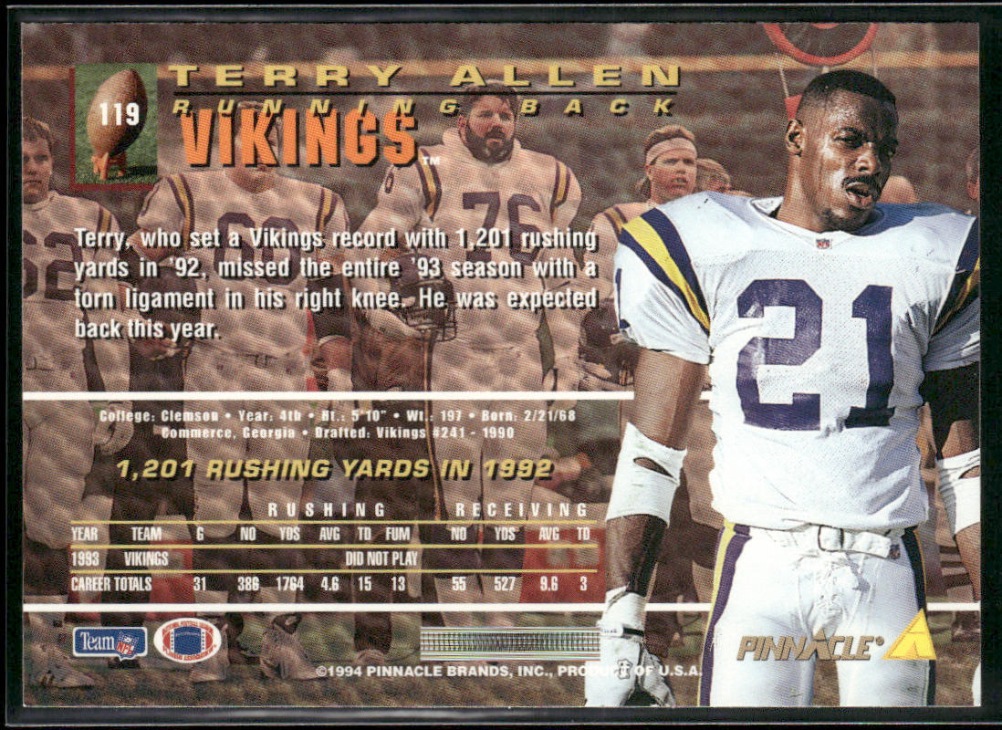 Terry Allen 1994 Pinnacle #119 Minnesota Vikings
