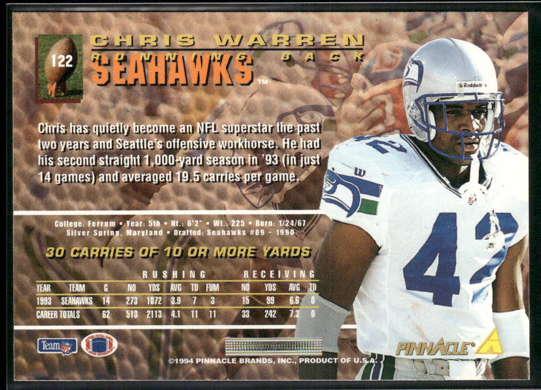 Chris Warren 1994 Pinnacle #122 Seattle Seahawks